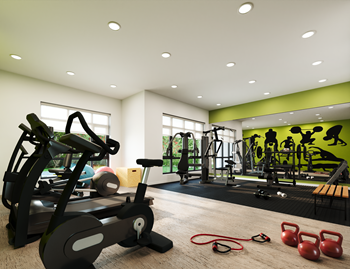Gym with weights and other exercise equipment at 101 Base Line Road West, Ontario
